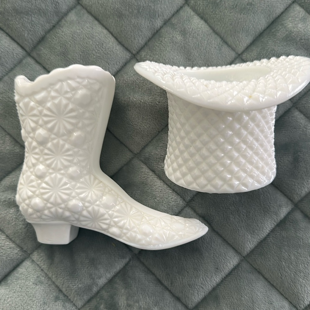 Vintage Fenton Milk Glass Hobnail Boot Shoe White Lace Victorian and top hat